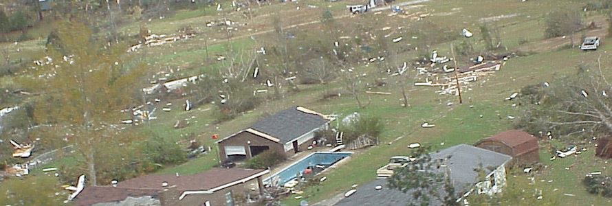 Aeria view of tornado damage to buildings