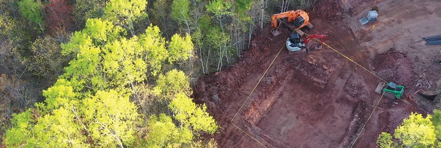 Aerial view of excavation for a cell tower