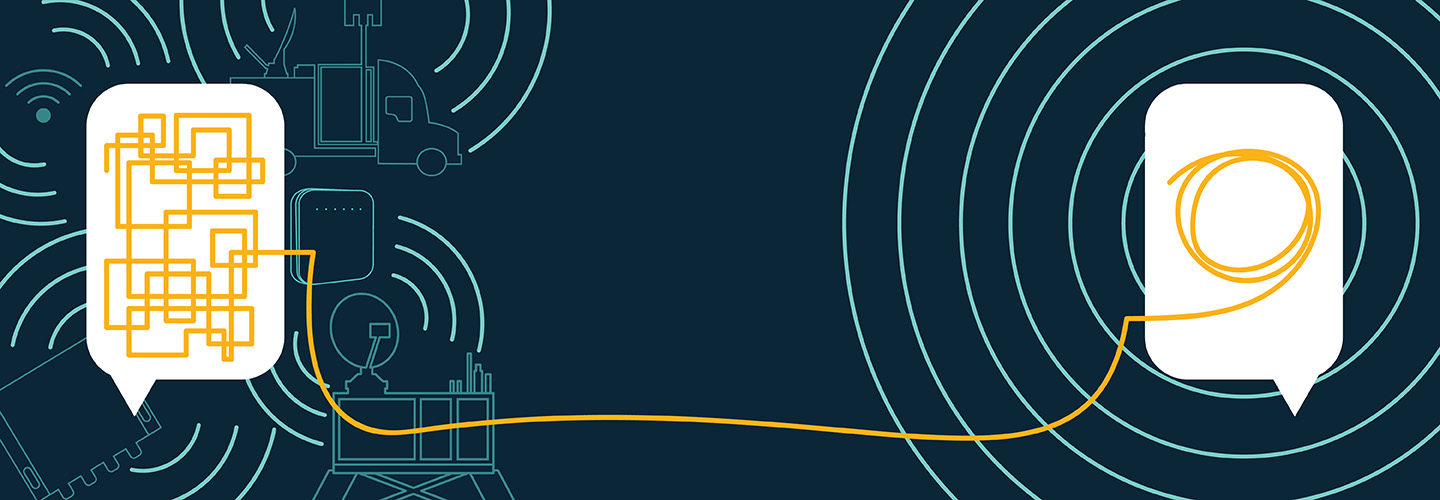 Speech bubble with jumbled lines sits in front of line drawings of wifi, high power user equipment, a compact rapid deployable, a cell booster pro, and a satellite cell on light truck. The jumbled lines lead to a second speech bubble where the line is nicely coiled.