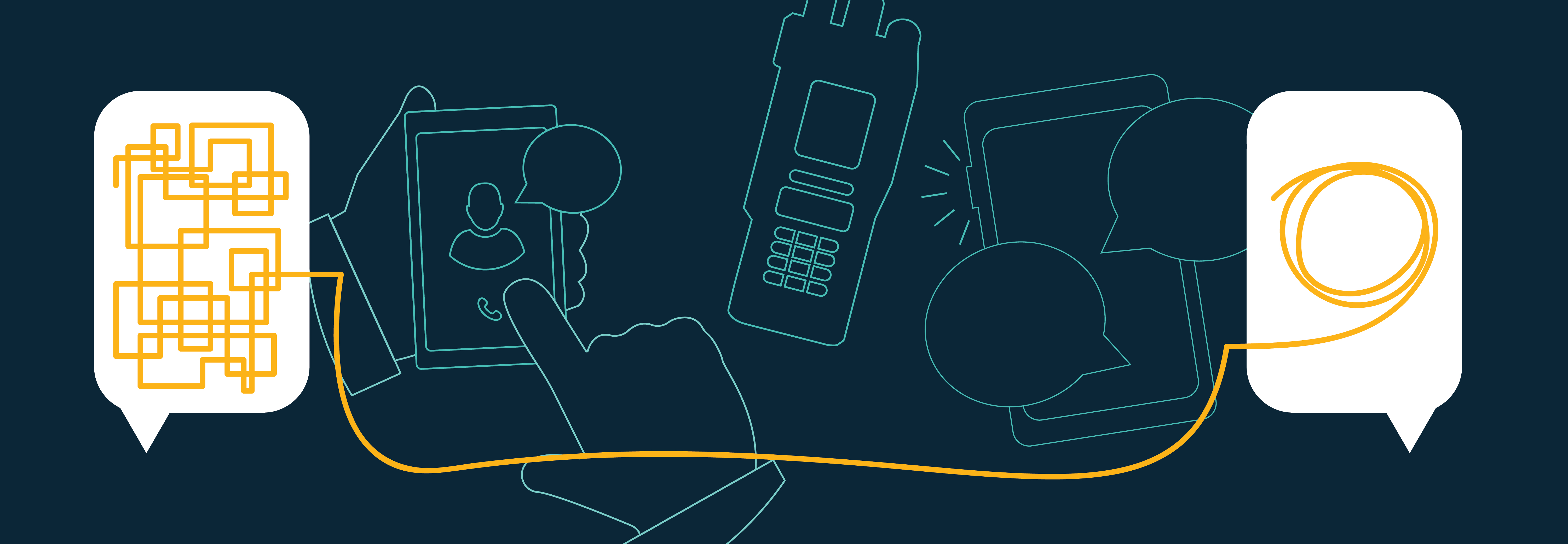 Speech bubbles expressing a complicated topic being made clear, drawings of smartphones and LMR radios showing push-to-talk capabilities