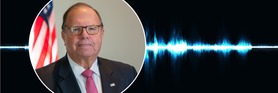 Headshot of Edward Horowitz; Public Safety First podcast logo; blue audio wave line; “Edward Horowitz – Shaping FirstNet from need to reality”