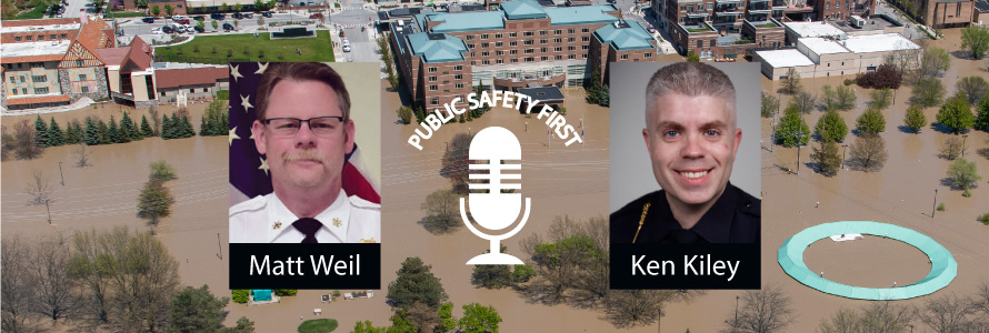 photo of flooded city with headshots of  Matt Weil, Team Coordinator, Oakland County, Michigan, Communications Support Team and Ken Kiley, Team Leader, Oakland County, Michigan, Communications Support Team 