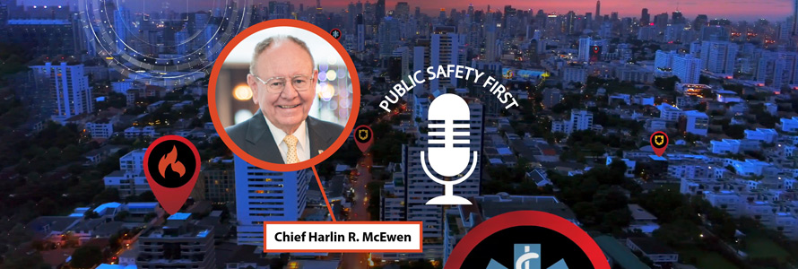 City landscape in the evening, Podcast Icon and Image (bubble)  of  Harlin McEwen, retired Police Chief and Former FirstNet Authority Public Safety Advisory Committee Chair