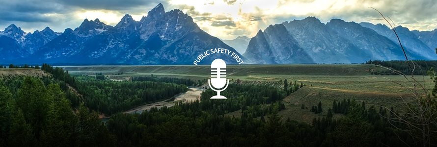  Mountain range with forest; Public Safety First podcast logo