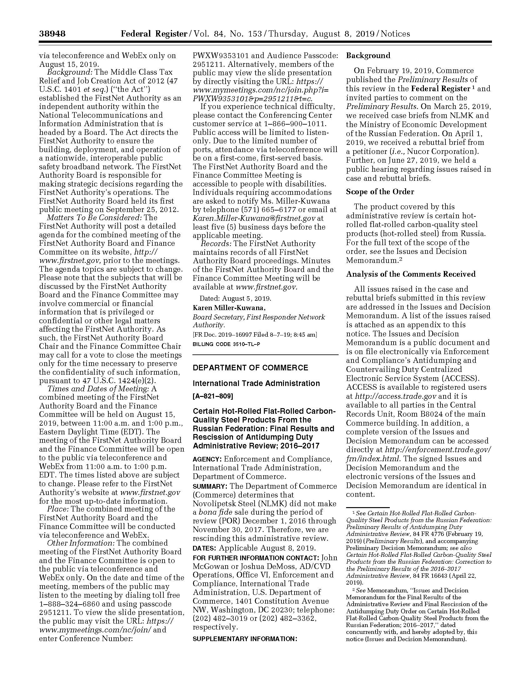 A sample page of the FirstNet Authority Board Meeting PDF from August 2019