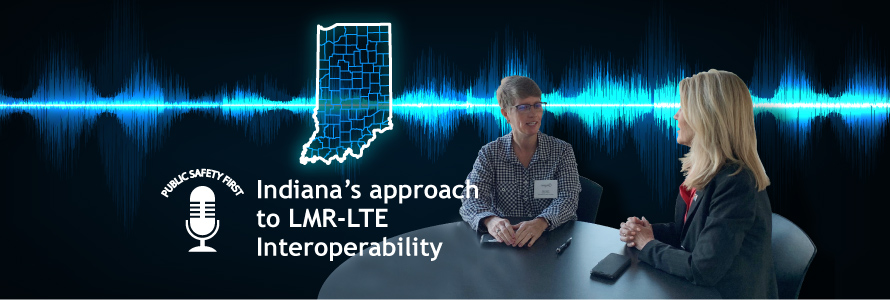 Black background with a voice wavelength pattern in blue crossing it  Outline map of Indiana in blue with counties depicted  Kelly Dignin seated at a table speaking with Lesia Dickson