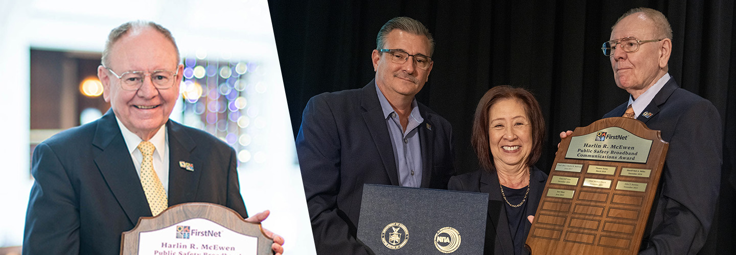 Harlin McEwen holding award plaque, Chief Carrizzo and Harlin McEwen make award to Teri Takai