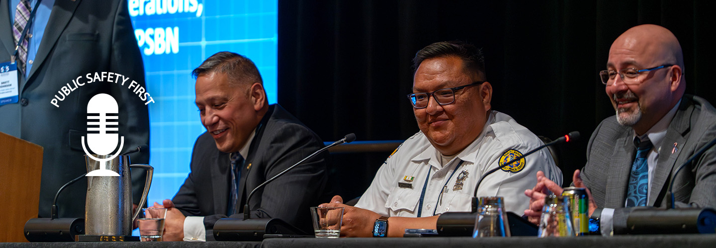Public Safety First podcast icon; three tribal public safety leaders sit at table with microphones