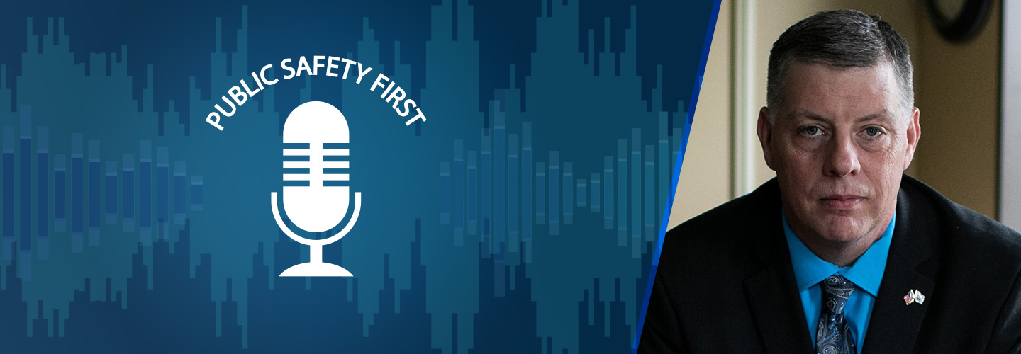  Public Safety First podcast logo; soundwaves; headshot of Chief Jason Rhodes of the Center for Emergency Medical Services at Rhode Island Department of Health