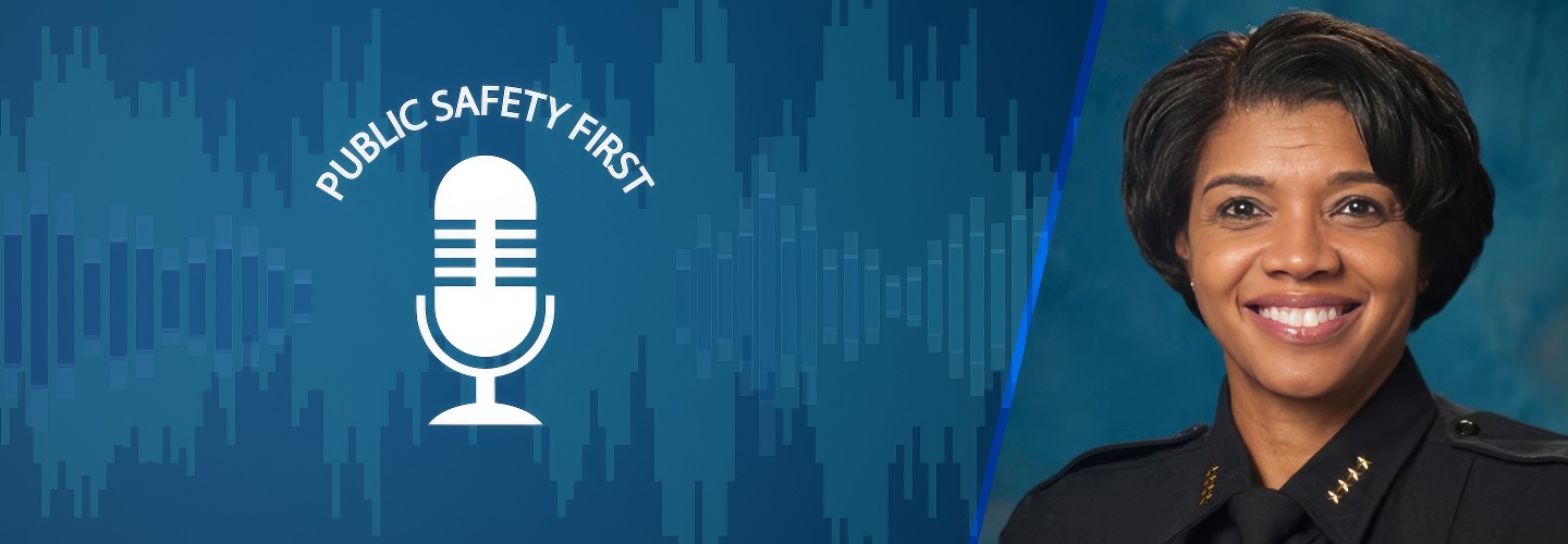 Public Safety First podcast logo; soundwaves; headshot of retired Phoenix Police Chief Jeri Williams