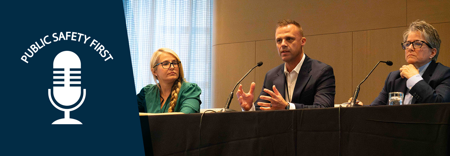 Public Safety First podcast logo; Dr. Kristen Wheldon, Assistant Chief Patrick Fale, and Undersheriff Sylvia Moir discuss wellness during a panel at 5x5 in Chicago.