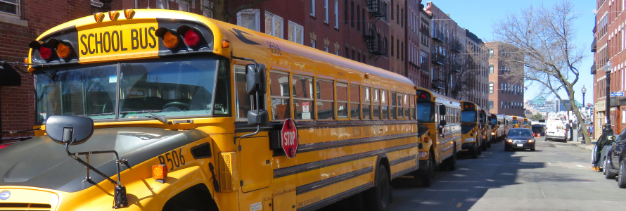 School bus on city street