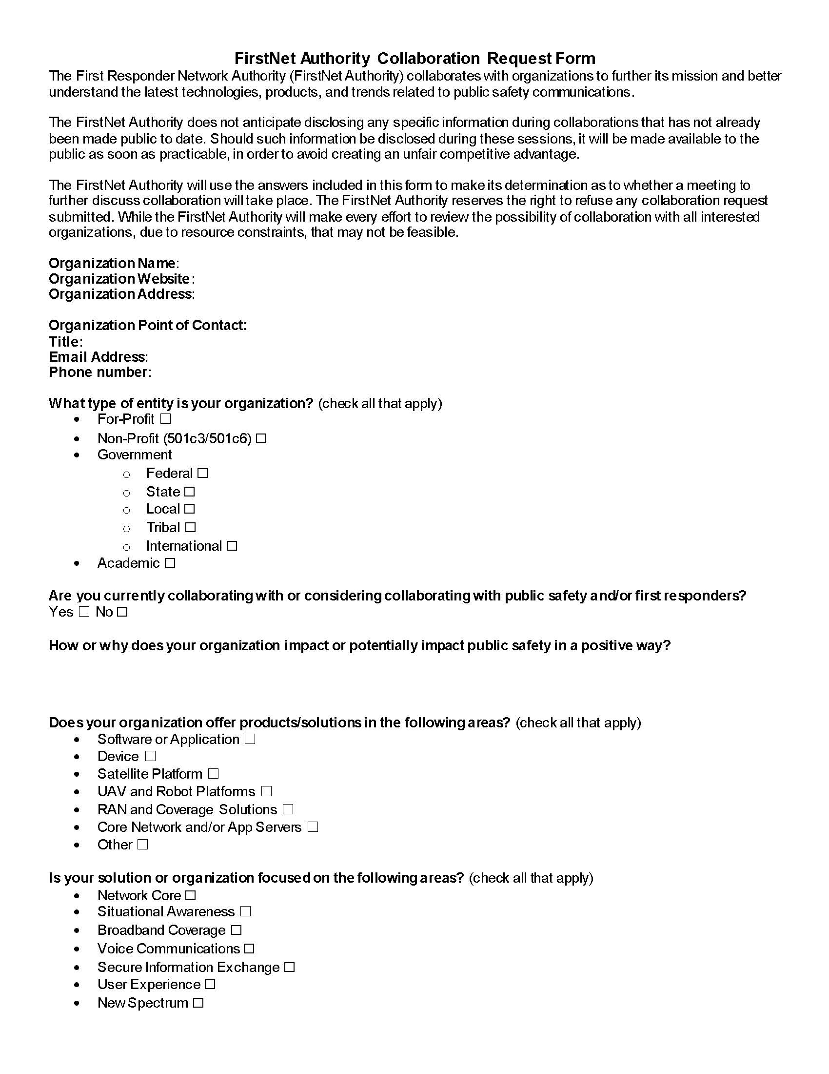 A sample page from the FirstNet Authority Collaboration Request Form pdf.