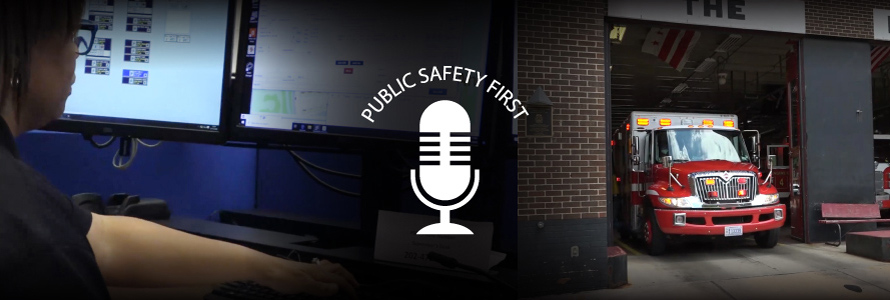 Public Safety First podcast logo; women facing computer screen and a fire truck