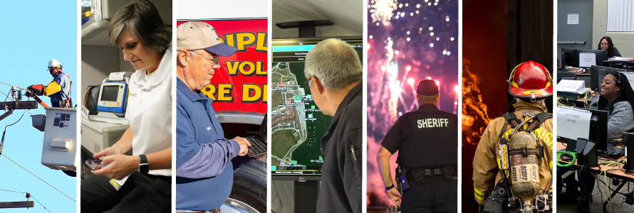 Electrical worker fixing telephone wire; EMS worker using smartphone in the back of an ambulance; volunteer fireman using tablet in front of fire engine; emergency manager looking at a map on a screen; sheriff watching fireworks; firefighter; 9-1-1 operator sitting at a computer