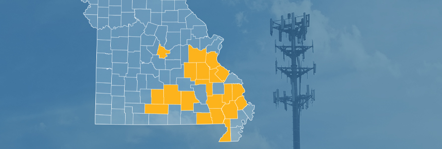 County map of Missouri with counties with new FirstNet site builds highlighted, a cell tower