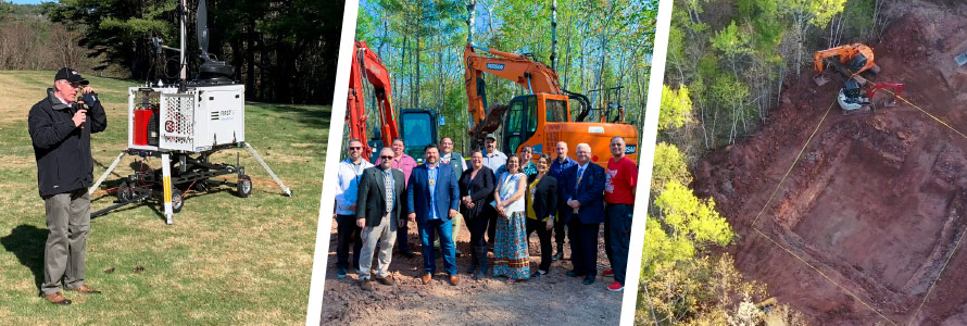 A man standing in front of a compact rapid deployable; a group photo of public safety and FirstNet Authority personnel at the Red Cliffs tower groundbreaking; a crane digging ground