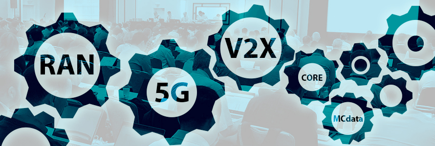 Photo of a 3GPP meeting room with people sitting at tables and working on computers, overlaid with gear icons and wireless network terminology: RAN, 5G, V2X, Core, MCdata.