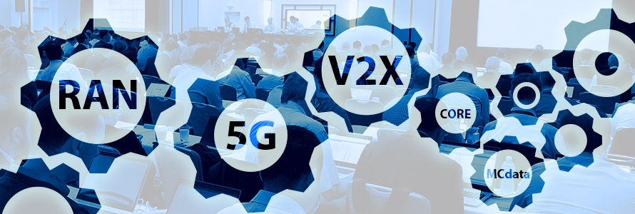 Photo of a 3GPP meeting room with people sitting at tables and working on computers, overlaid with gear icons and wireless network terminology: RAN, 5G, V2X, Core, MCdata.