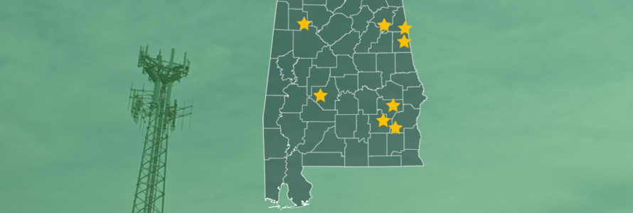 The State of Alabama, with outlined county borders; a cell tower.