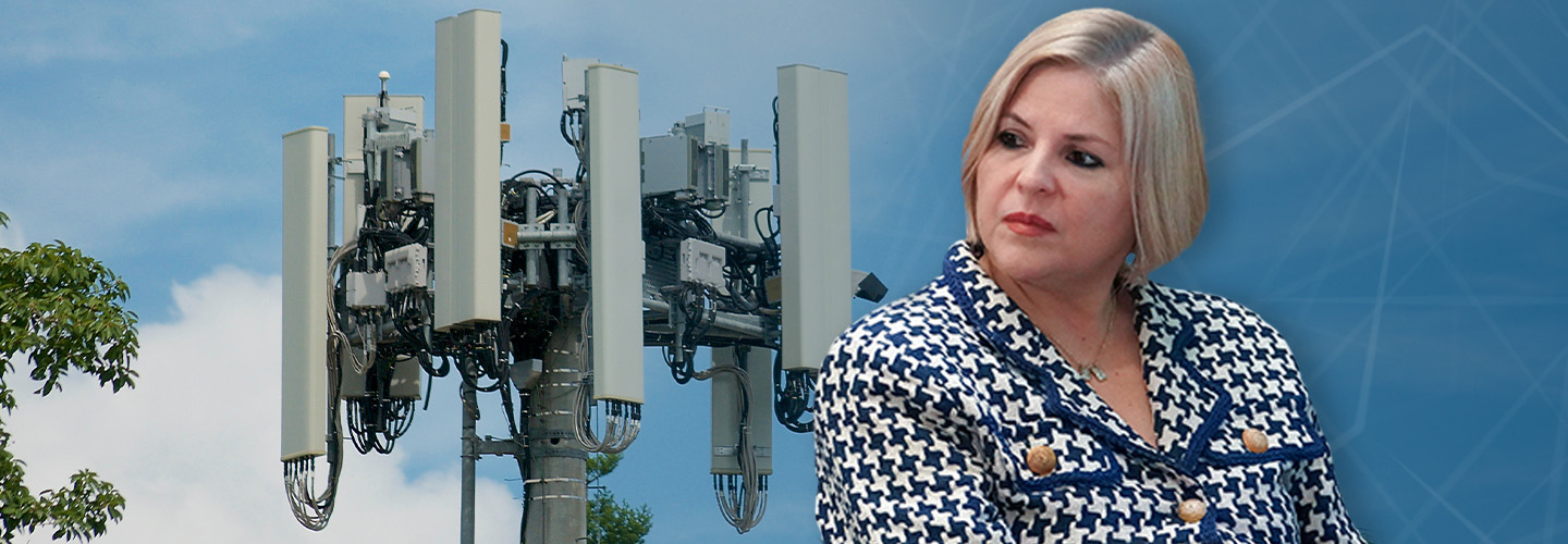 A cell tower surrounded by trees; an abstract illustration of lines; a headshot of FirstNet Authority Board Member Alexandra Fernández Navarro.