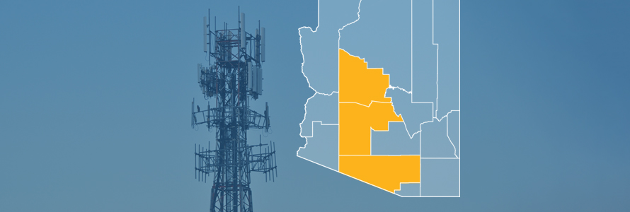 The state of Arizona, with outlined county borders; a cell tower.