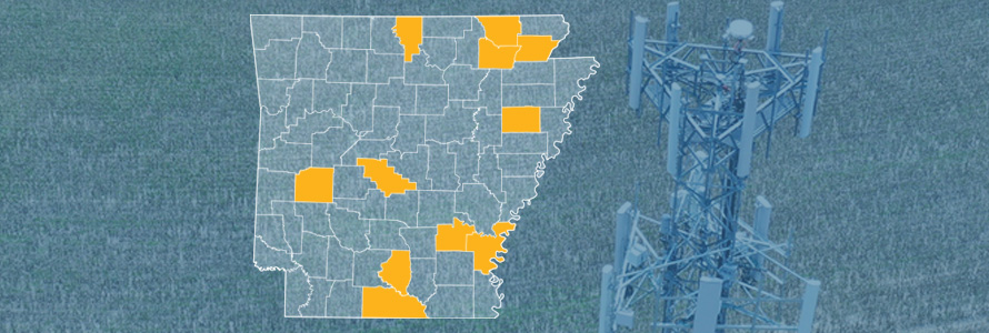 The state of Arkansas, with outlined county borders; a cell tower.