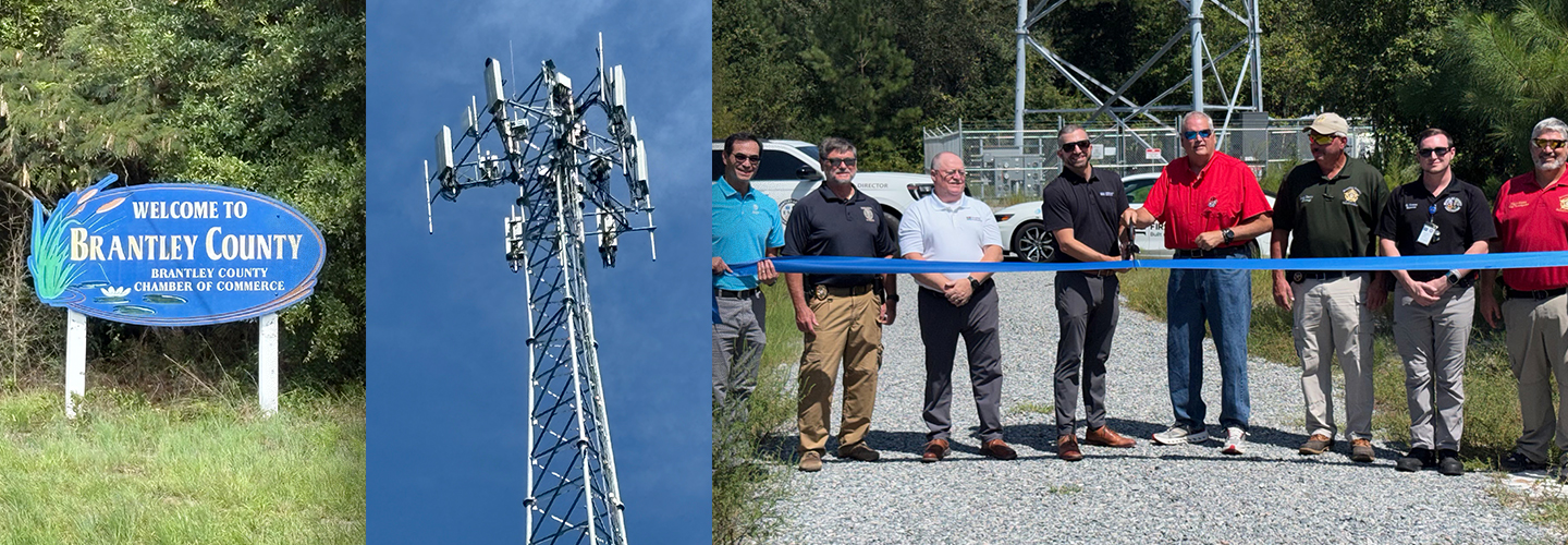 "Welcome to Brantley County" sign, new FirstNet cell site in Brantley, Eight leaders from public safety, local government, the FirstNet Authority, and AT&T cut a ribbon