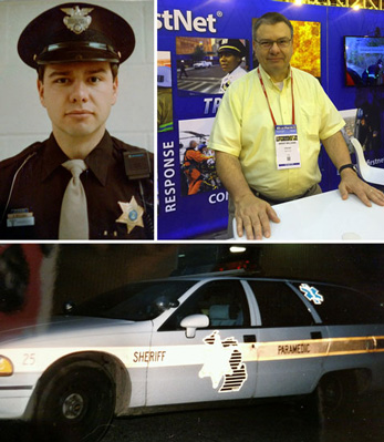 Three imaes:Young Brent Williams in uniform, Brent Williams manning a FirstNet exhibit booth, an Ingham County (MI) Sheriff’s Office paramedics vehicle 