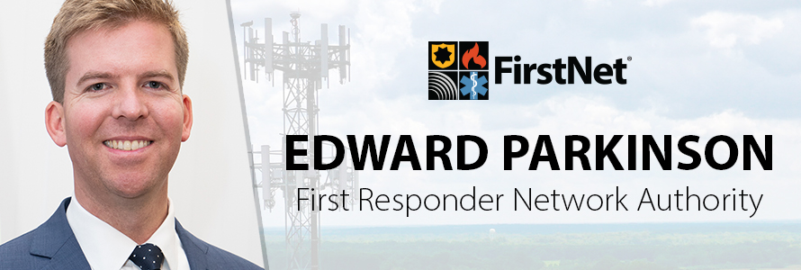 Photo of Edward Parkinson and an image of cellphone tower with the First Responder Network Authority logo