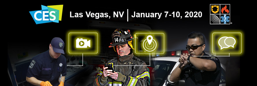 CES logo, FirstNet Authority watermark, "Las Vegas, NV | January 7-10, 2020," EMS technician, firefighter and police officer use various devices