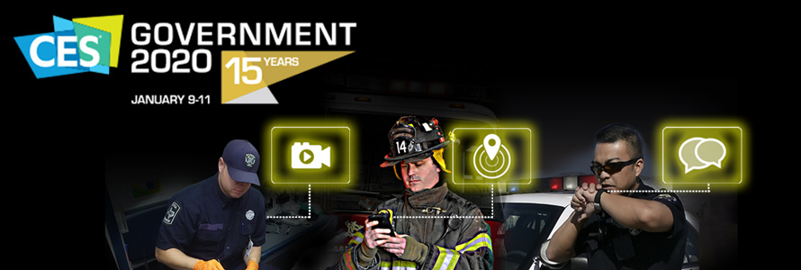 Three first responder using Internet of Things and connected wearable devices with the CES Government conference 2020 logo