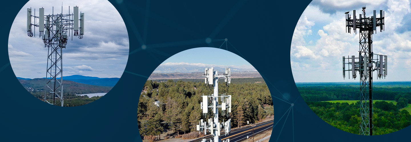 An interconnected network backdrop with three images of FirstNet towers, including a tower overlooking mountains, forest and a lake; a tower situated near a road and forest; and a FirstNet tower near a green open field surrounded by a dense forest.