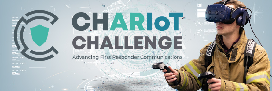 CHARIoT Challenge logo; firefighter in turnout gear wears virtual reality goggles; technology elements 