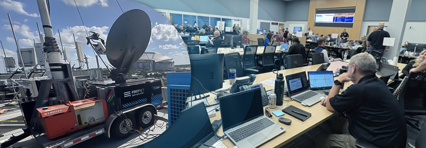 A FirstNet portable cell site on the left; on the right, public safety officials manage operations during the FIFA World Cup in the Dallas joint operations center. 
