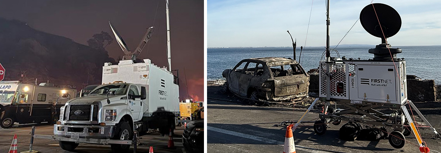 FirstNet Satellite Cell on Light Truck stationed next to Los Angeles Police Department vehicle in parking lot at night during 2025 Los Angeles wildfires; FirstNet Compact Rapid Deployable on a road next to a burned car and other fire debris with the ocean in the background during the 2025 Los Angeles wildfires.