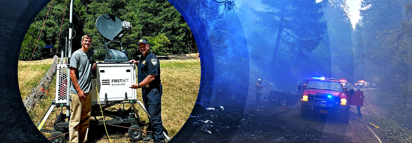 Split image with first responders standing in front of a FirstNet Compact Rapid Deployable and firefighters responding to an automobile accident in a forest.