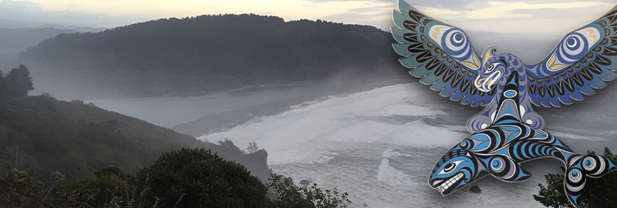 Artwork of Thunderbird and Whale designed for the exercise; coast of the Pacific Ocean in northern California.