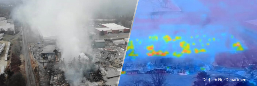 An aerial view of an industrial building ravaged by a fire and the drone footage of the wreckage showing a heat map; "Durham Fire Department"