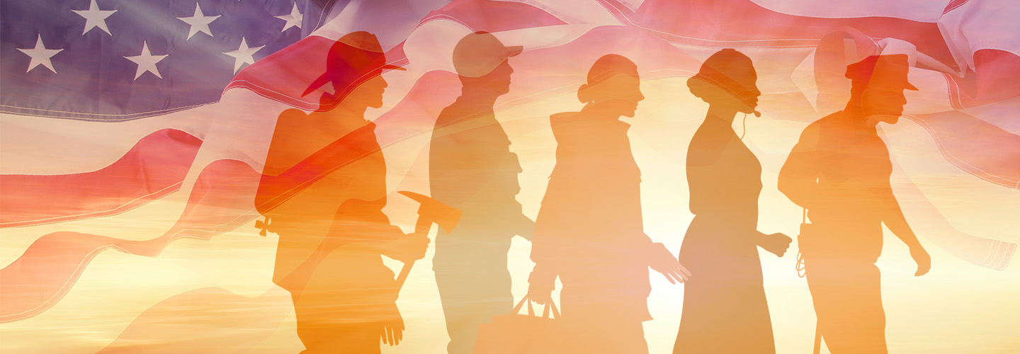 Silhouette of five first responders representing the fire service, emergency management, EMS, 9-1-1, and law enforcement. Background of the American flag.