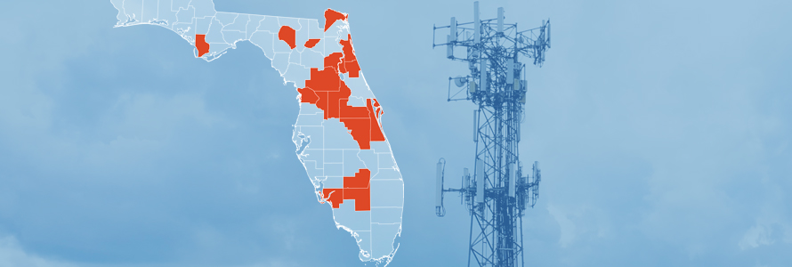 The State of Florida, with outlined county borders; a cell tower.