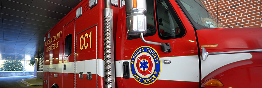 Alachua County Fire Rescue truck parked inside fire station