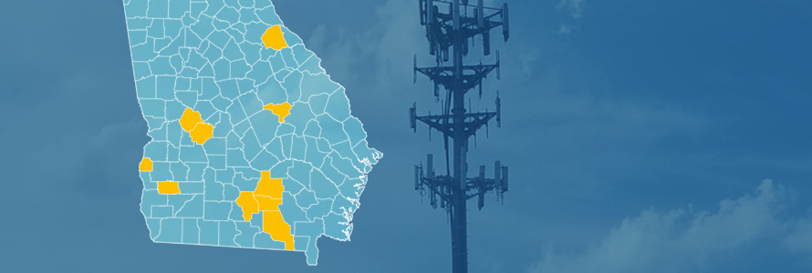 The state of Georgia, with outlined county borders; a cell tower