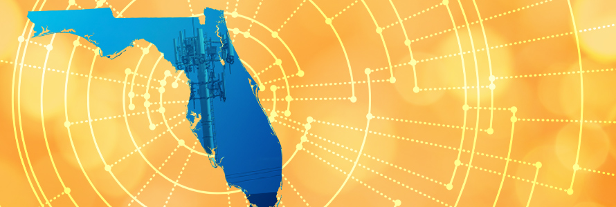 The silhouette of the State of Florida revealing a cell tower inside; radiating connectivity illustration