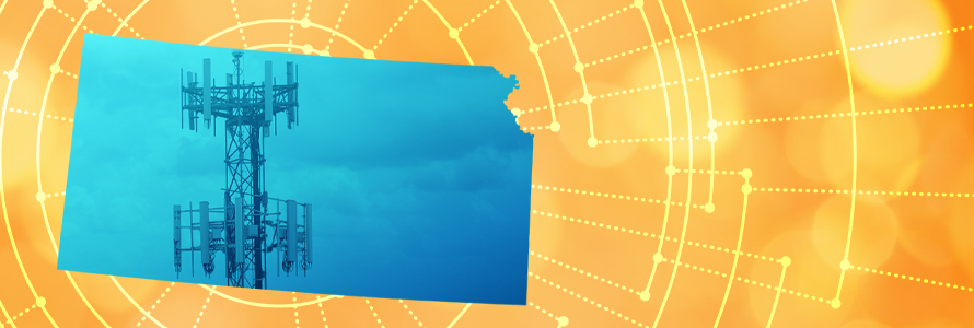 The silhouette of the State of Kansas revealing a cell tower inside; radiating connectivity illustration