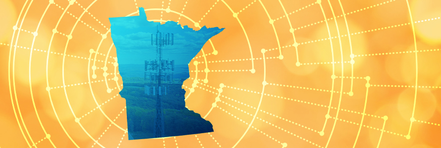 Silhouette of the State of Minnesota; radiating connectivity illustration