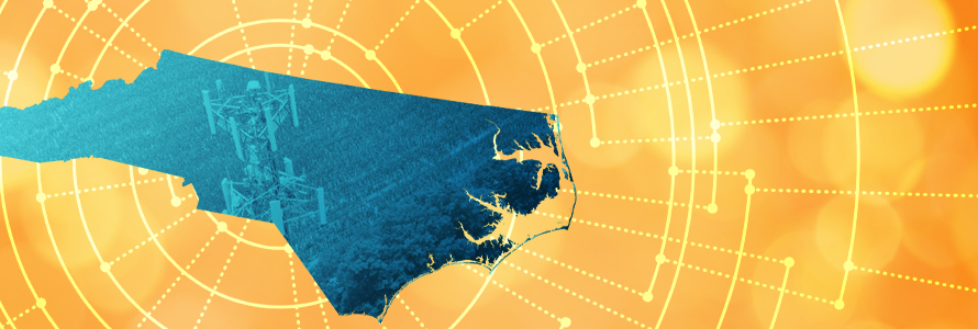 The silhouette of the State of North Carolina revealing a cell tower inside; radiating connectivity illustration