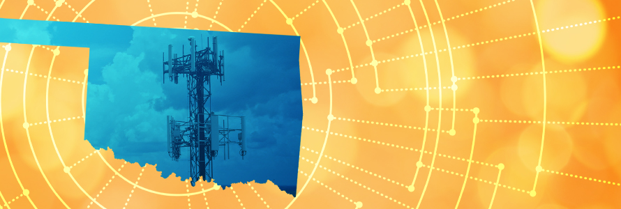 The silhouette of the State of Oklahoma revealing a cell tower inside