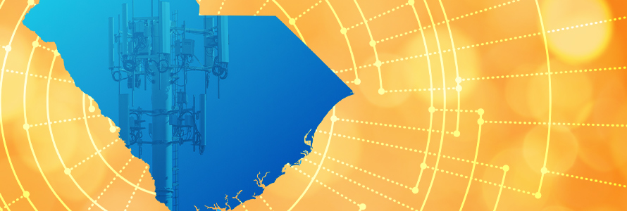 The silhouette of the State of South Carolina revealing a cell tower inside; radiating connectivity illustration