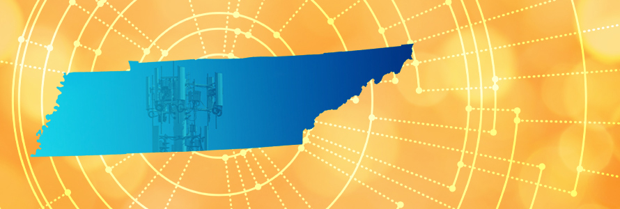 The silhouette of the State of Tennessee revealing a cell tower inside; radiating connectivity illustration